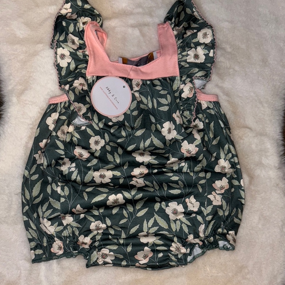 Green and Pink Ruffled Bodysuit with Floral Design